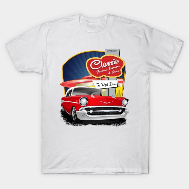 1957 Red and White Drive In Chevy Bel Air T-Shirt by RPM-ART